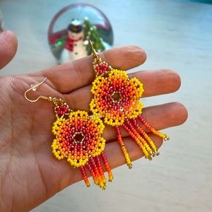 Orange Flower Beaded Earrings, 🧡 brand new. 2.5 inches long.